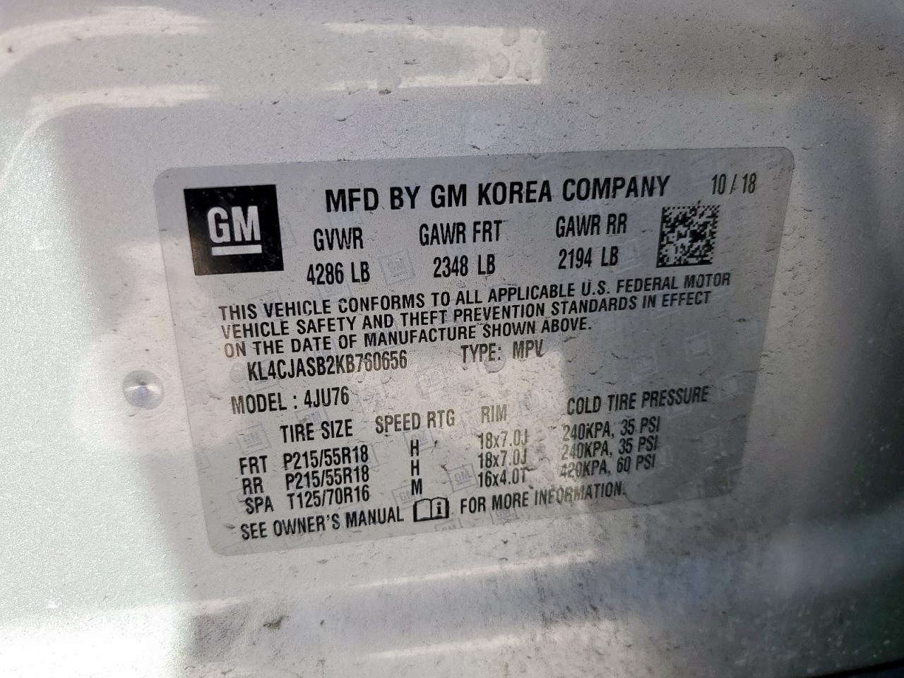 2019 Buick Encore Preferred VIN: KL4CJASB2KB760656 Lot: 80121355