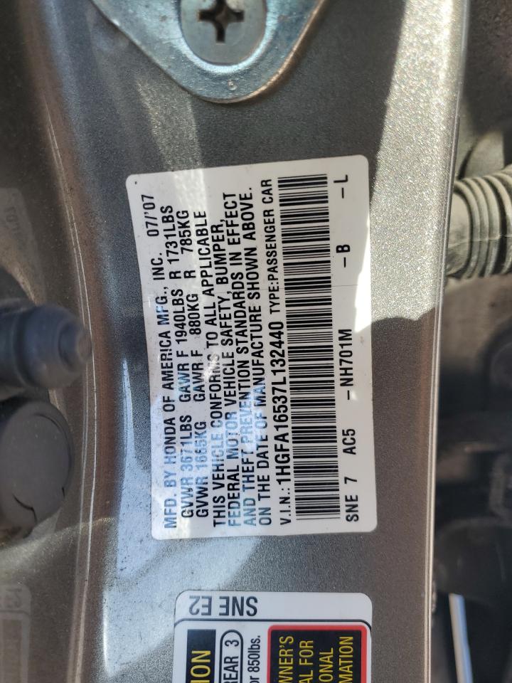 2007 Honda Civic Lx VIN: 1HGFA16537L132440 Lot: 71888585