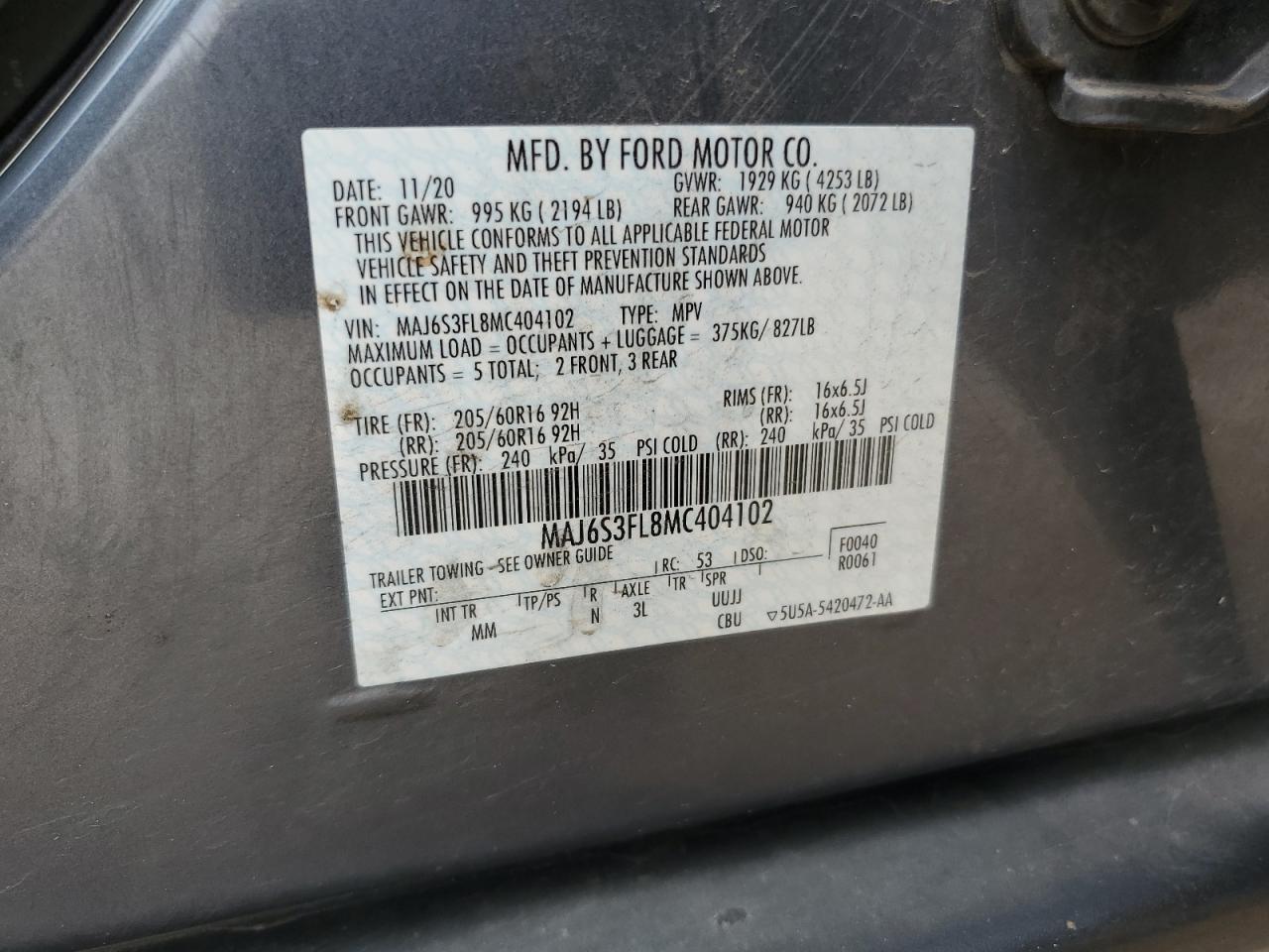 2021 Ford Ecosport S VIN: MAJ6S3FL8MC404102 Lot: 80624165