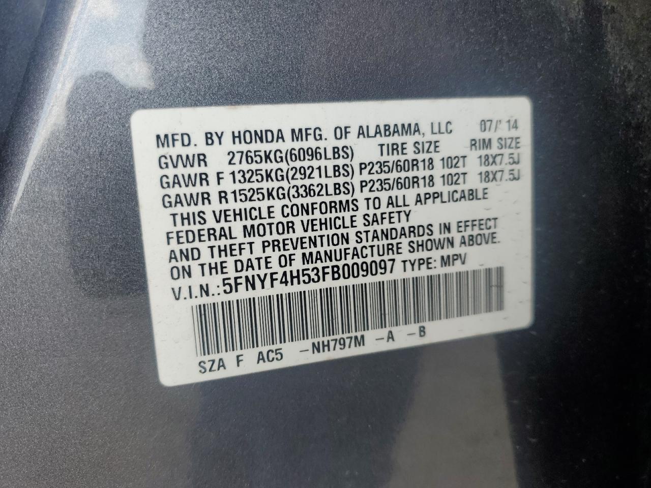 2015 Honda Pilot Exl VIN: 5FNYF4H53FB009097 Lot: 80315265