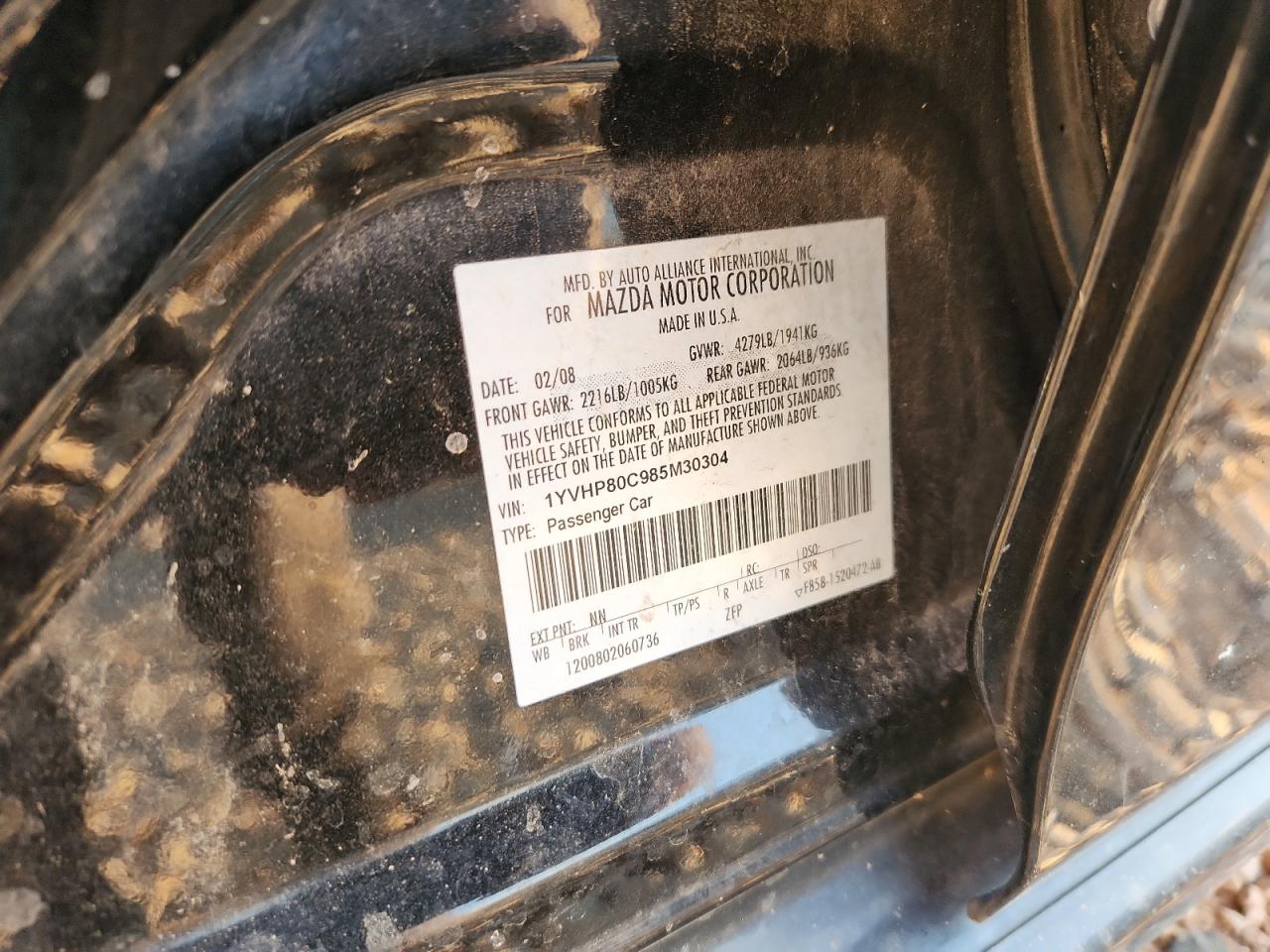 2008 Mazda 6 I VIN: 1YVHP80C985M30304 Lot: 72024135