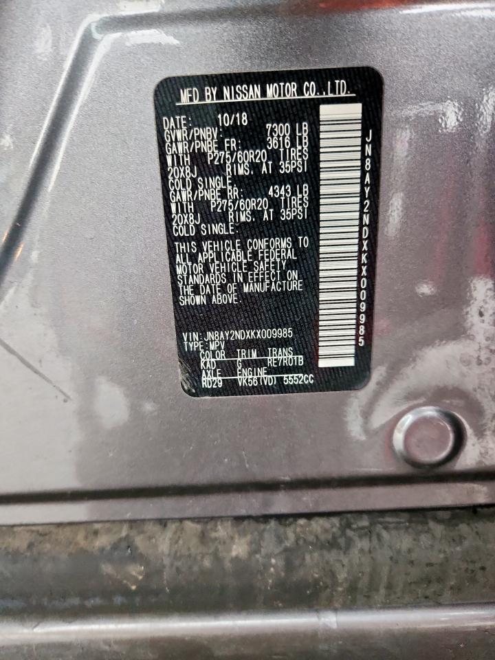2019 Nissan Armada Sv VIN: JN8AY2NDXKX009985 Lot: 81756525