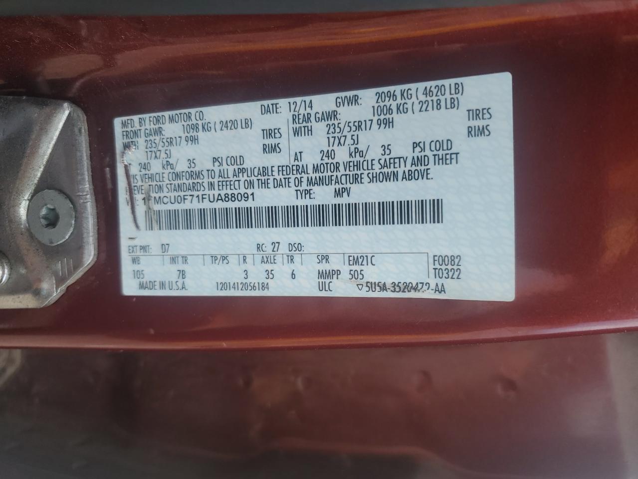 2015 Ford Escape S VIN: 1FMCU0F71FUA88091 Lot: 80442055