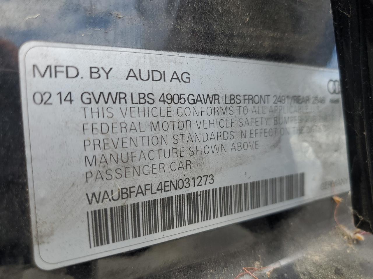 2014 Audi A4 Premium VIN: WAUBFAFL4EN031273 Lot: 81431085