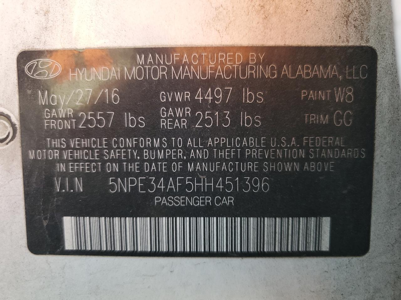 2017 Hyundai Sonata Sport VIN: 5NPE34AF5HH451396 Lot: 84449855