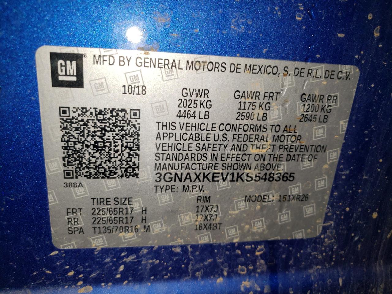 2019 Chevrolet Equinox Lt VIN: 3GNAXKEV1KS548365 Lot: 69515285