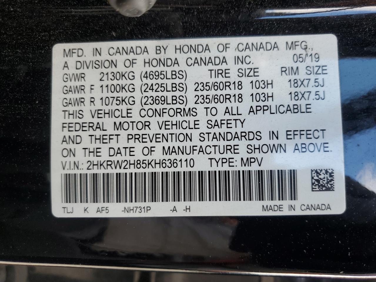 2019 Honda Cr-V Exl VIN: 2HKRW2H85KH636110 Lot: 80010985
