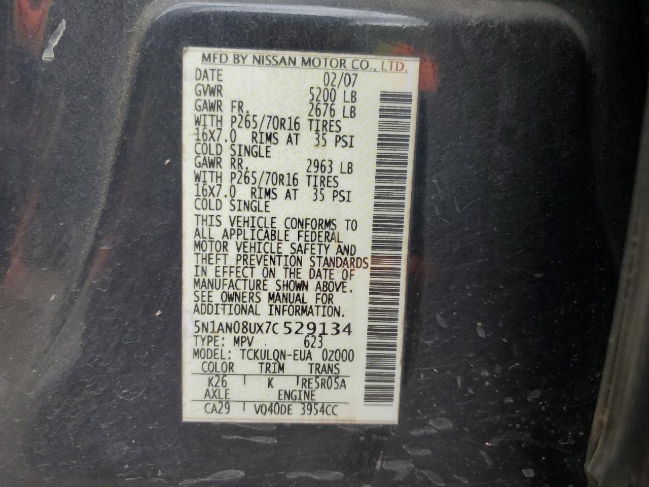 2007 Nissan Xterra Off Road VIN: 5N1AN08UX7C529134 Lot: 81400645