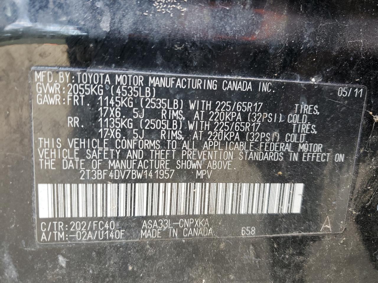 2011 Toyota Rav4 VIN: 2T3BF4DV7BW141957 Lot: 71445385