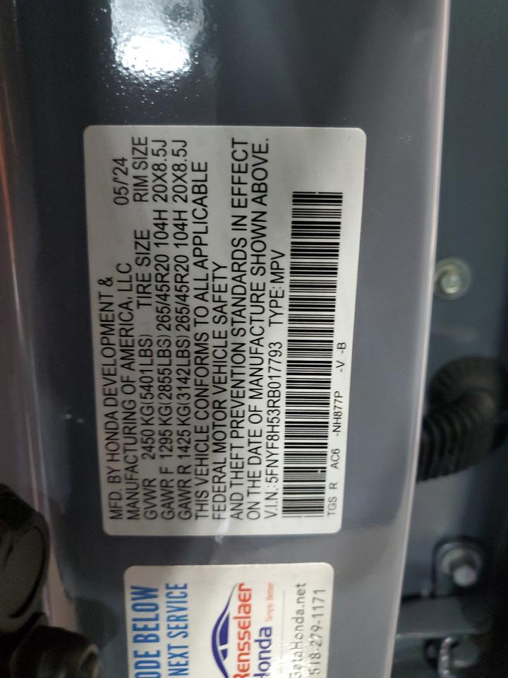 2024 Honda Passport Exl VIN: 5FNYF8H53RB017793 Lot: 80613995