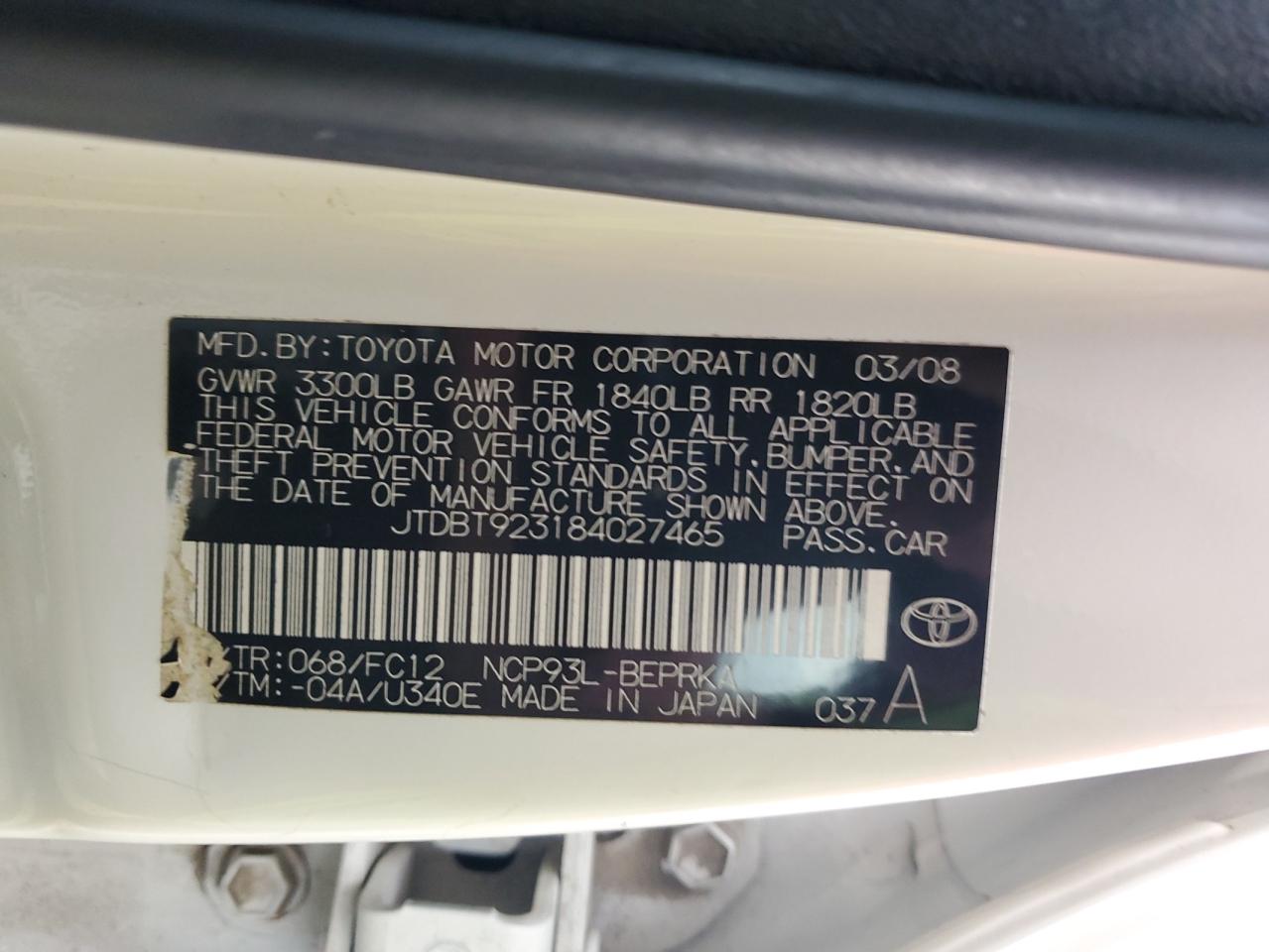 2008 Toyota Yaris VIN: JTDBT923184027465 Lot: 82063915