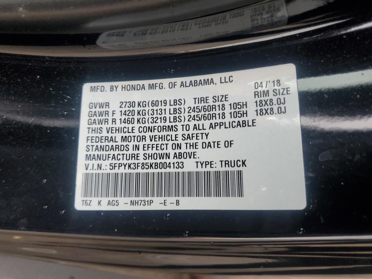 2019 Honda Ridgeline Black Edition VIN: 5FPYK3F85KB004133 Lot: 84177095