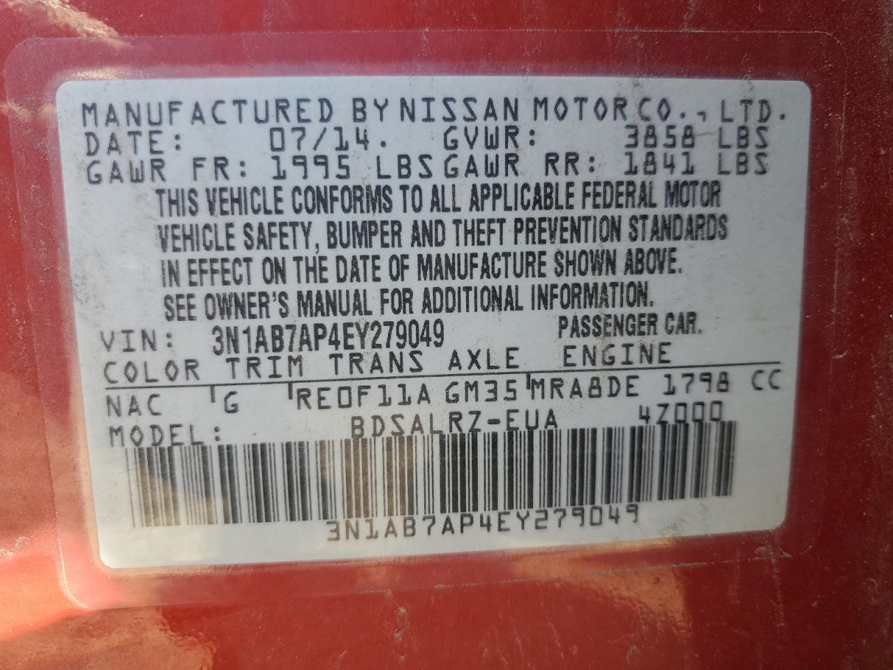 2014 Nissan Sentra S VIN: 3N1AB7AP4EY279049 Lot: 71119465