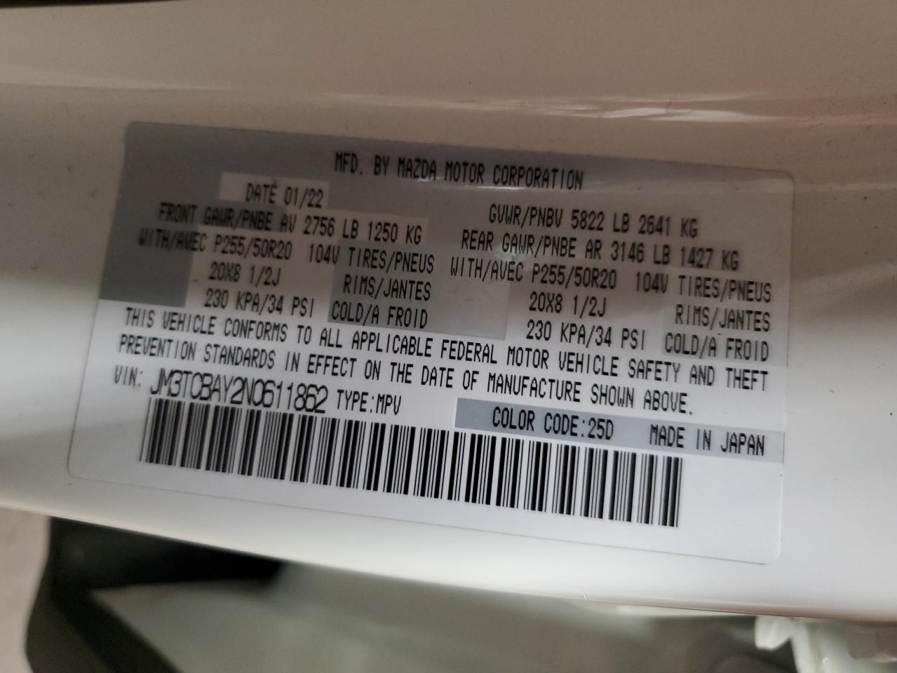 2022 Mazda Cx-9 Touring Plus VIN: JM3TCBAY2N0611862 Lot: 80349005