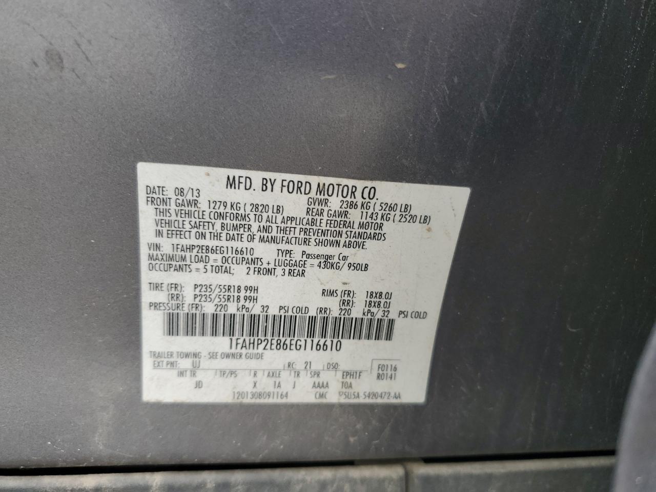 2014 Ford Taurus Sel VIN: 1FAHP2E86EG116610 Lot: 81782785