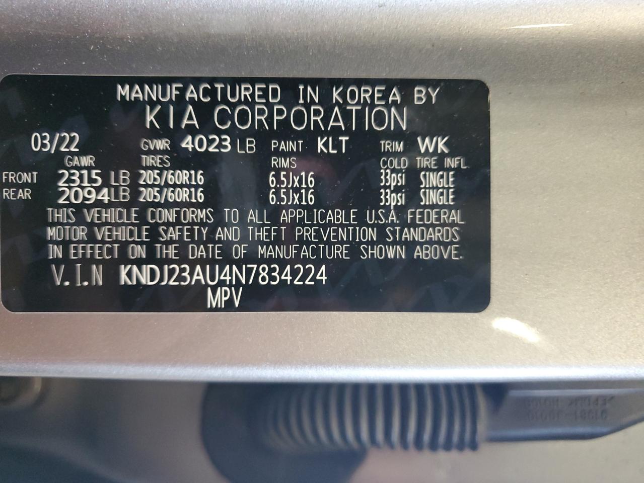 2022 Kia Soul Lx VIN: KNDJ23AU4N7834224 Lot: 84401655