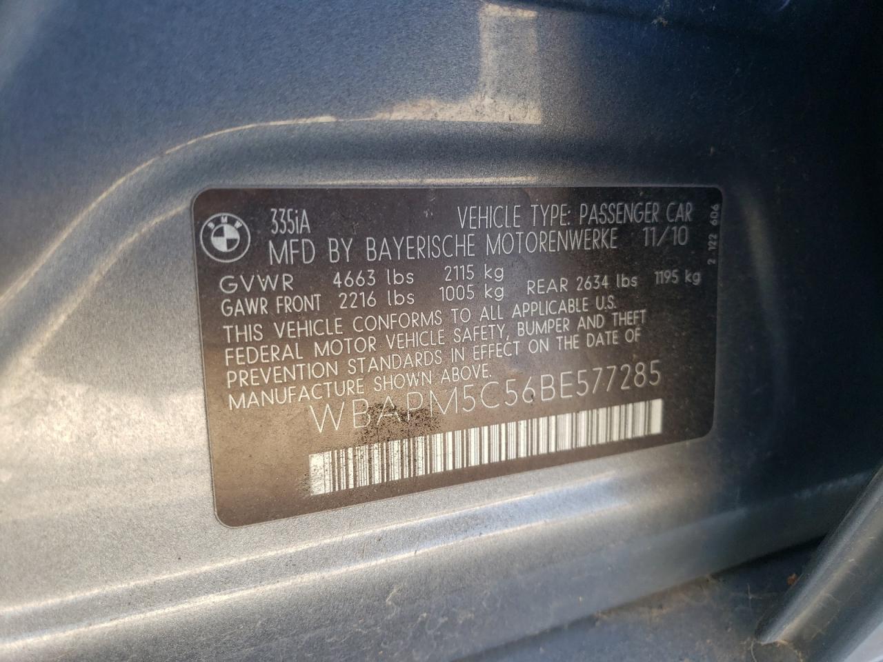 2011 BMW 335 I VIN: WBAPM5C56BE577285 Lot: 80870965