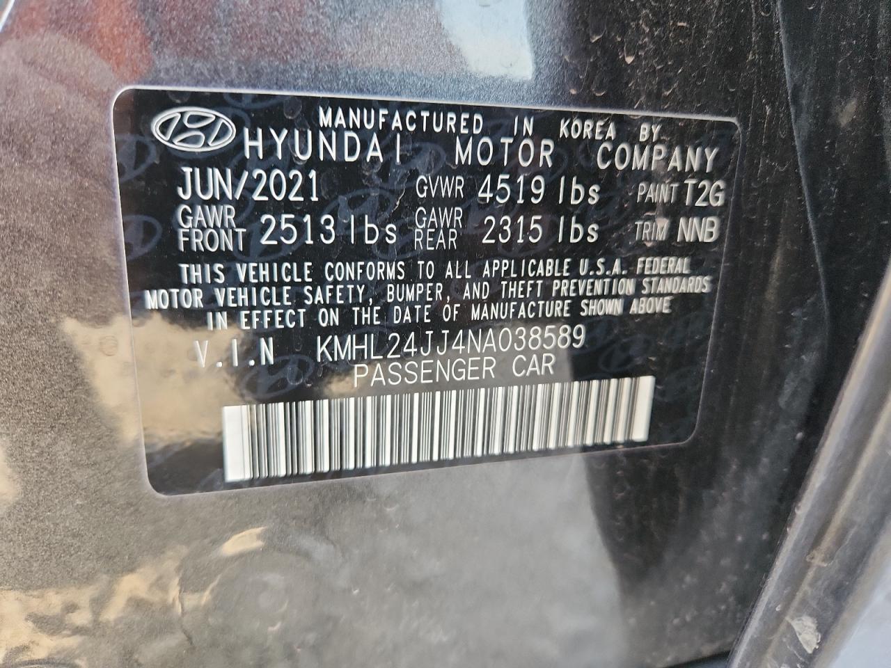 2022 Hyundai Sonata Hybrid VIN: KMHL24JJ4NA038589 Lot: 71921895