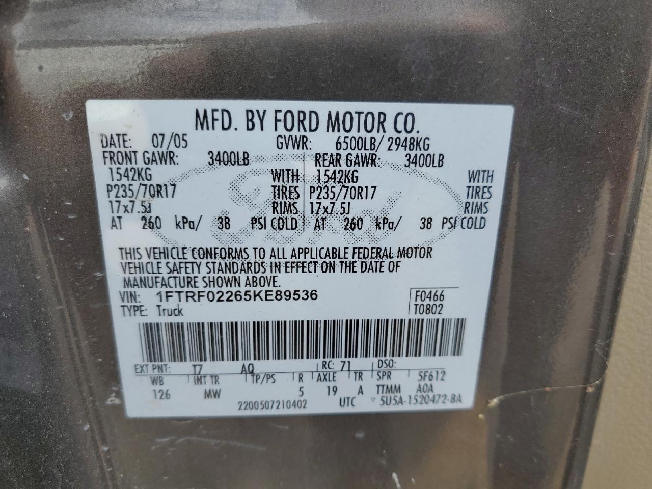 2005 Ford F150 VIN: 1FTRF02265KE89536 Lot: 81648605