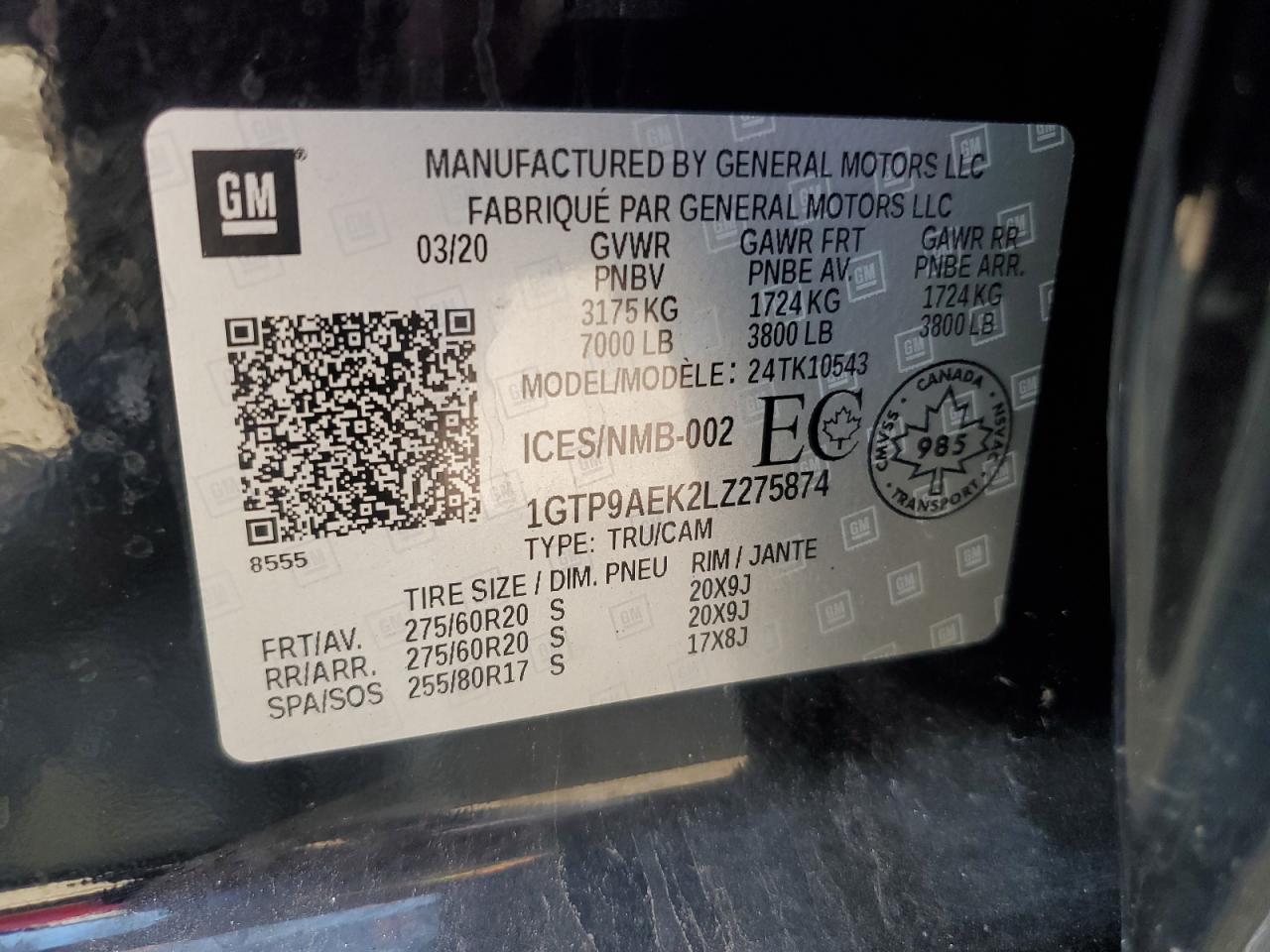 2020 GMC Sierra K1500 VIN: 1GTP9AEK2LZ275874 Lot: 80690705