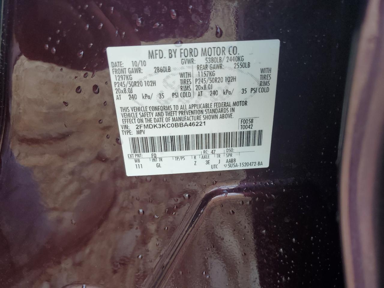 2011 Ford Edge Limited VIN: 2FMDK3KC0BBA46221 Lot: 81107525