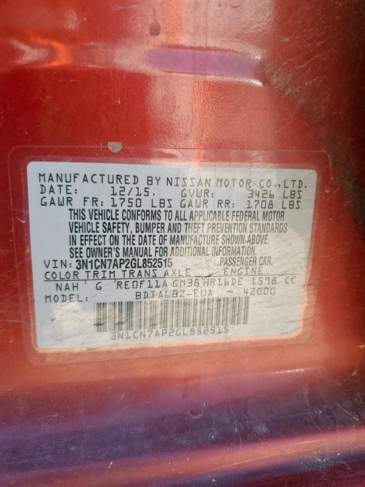 2016 Nissan Versa S VIN: 3N1CN7AP2GL852515 Lot: 72065665