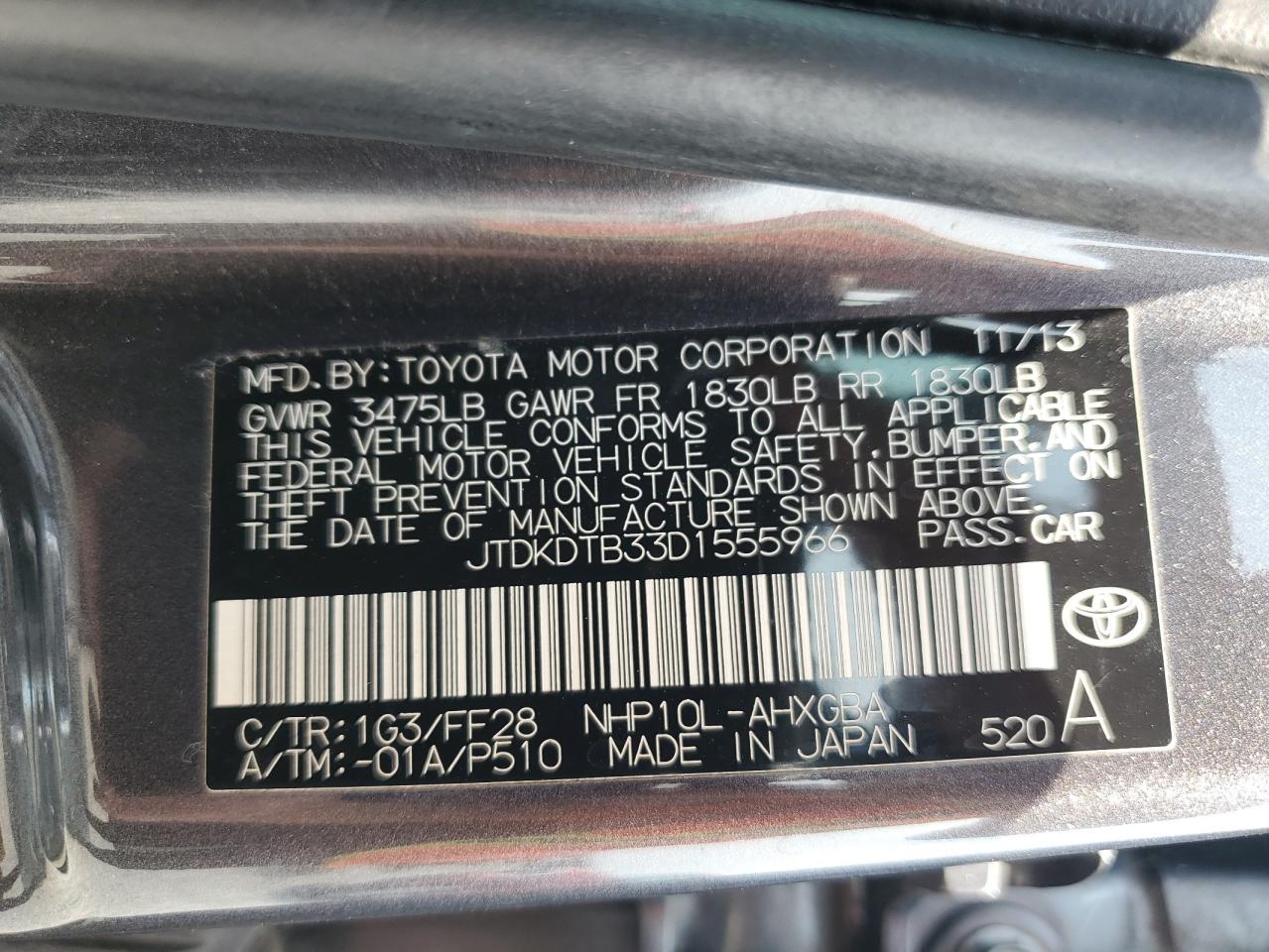 2013 Toyota Prius C VIN: JTDKDTB33D1555966 Lot: 71557985