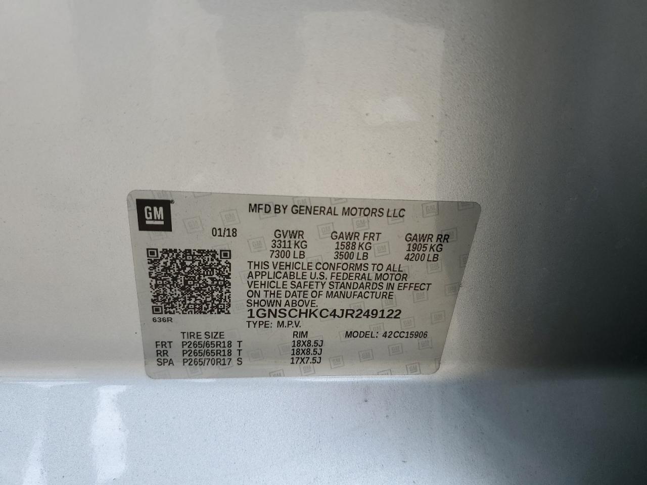 2018 Chevrolet Suburban C1500 Lt VIN: 1GNSCHKC4JR249122 Lot: 81604185