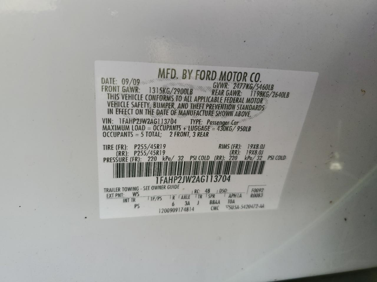 2010 Ford Taurus Limited VIN: 1FAHP2JW2AG113704 Lot: 80456465
