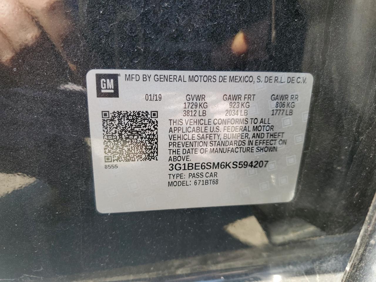 2019 Chevrolet Cruze Lt VIN: 3G1BE6SM6KS594207 Lot: 80174005