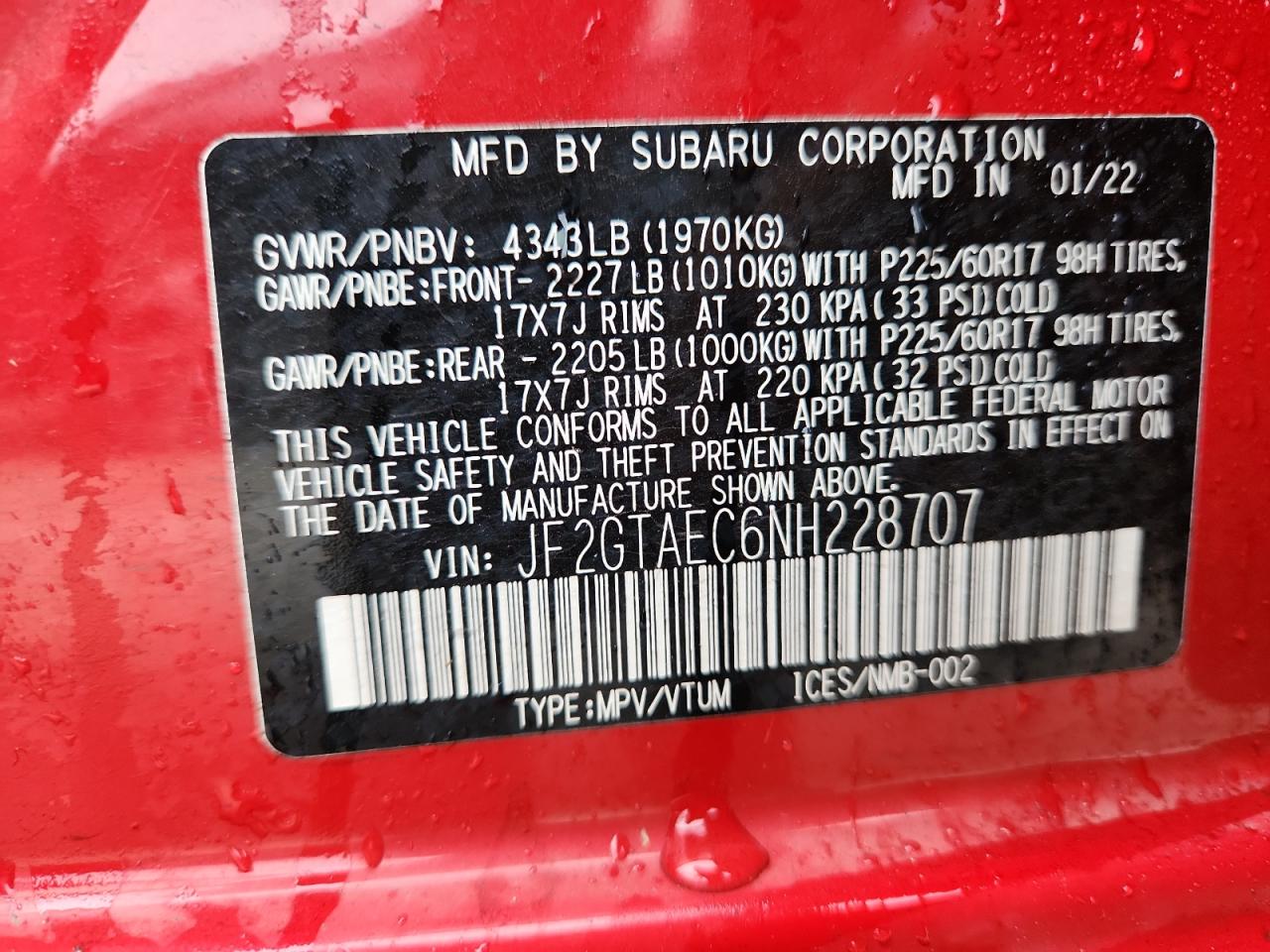 2022 Subaru Crosstrek Premium VIN: JF2GTAEC6NH228707 Lot: 83862795