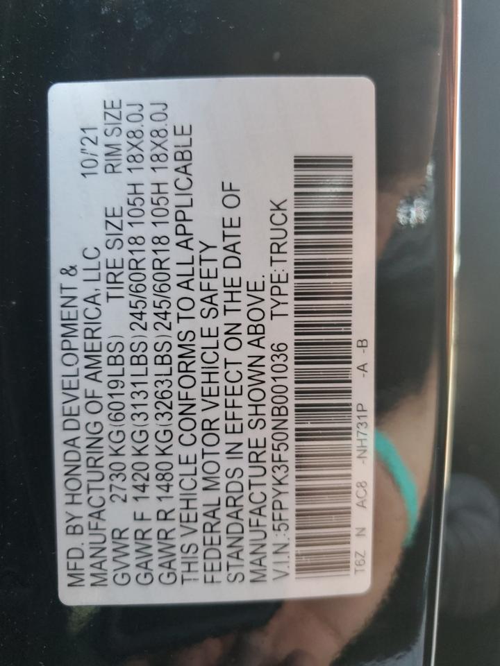 2022 Honda Ridgeline Rtl VIN: 5FPYK3F50NB001036 Lot: 81141915