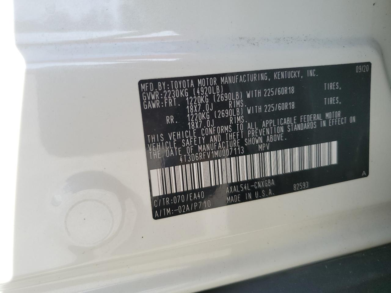 2021 Toyota Rav4 Limited VIN: 4T3D6RFV1MU007113 Lot: 72051835