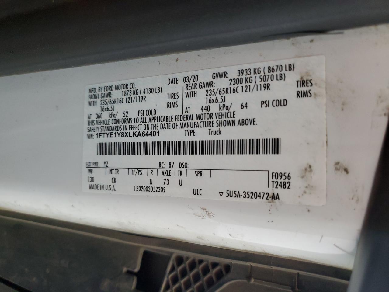 2020 Ford Transit T-150 VIN: 1FTYE1Y8XLKA64401 Lot: 80460065