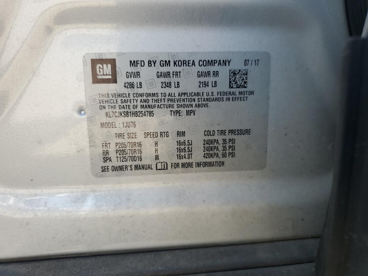 2017 Chevrolet Trax Ls VIN: KL7CJKSB1HB254785 Lot: 71166865