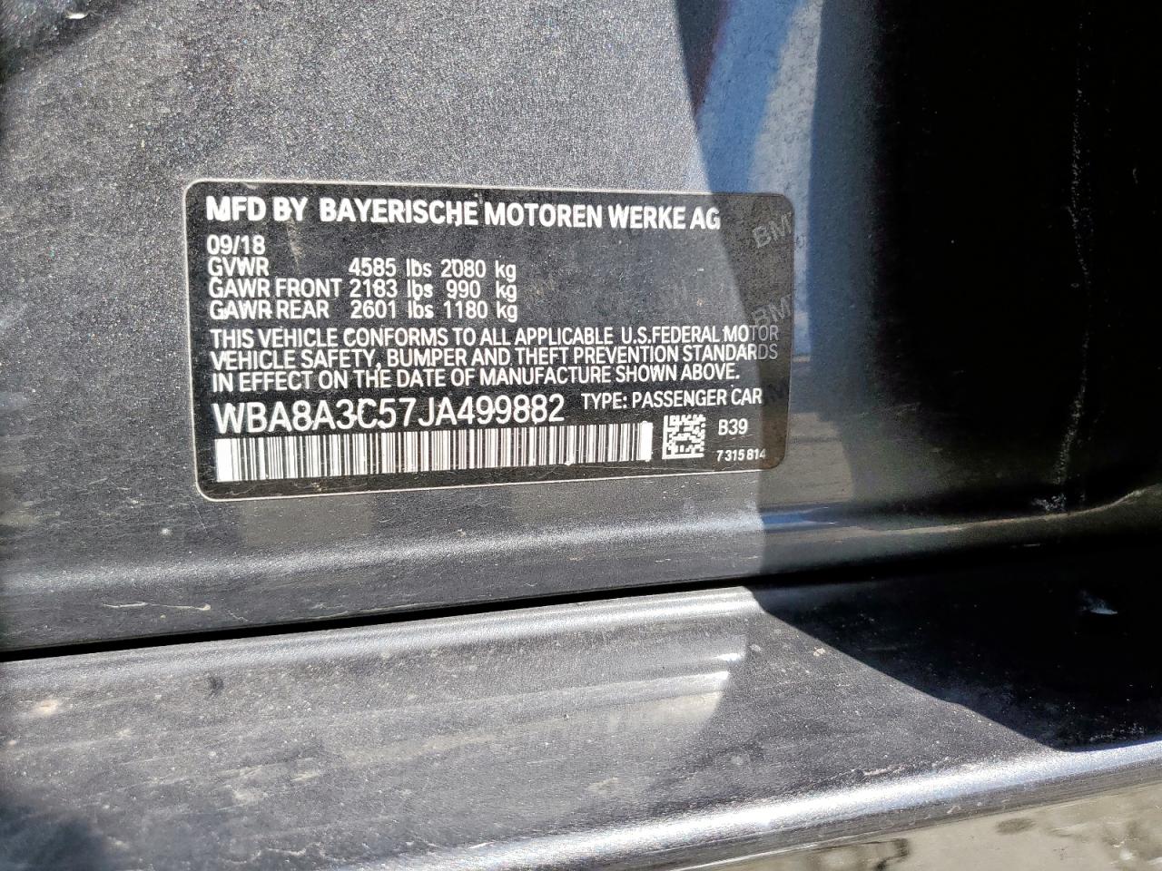 2018 BMW 320 Xi VIN: WBA8A3C57JA499882 Lot: 81157205