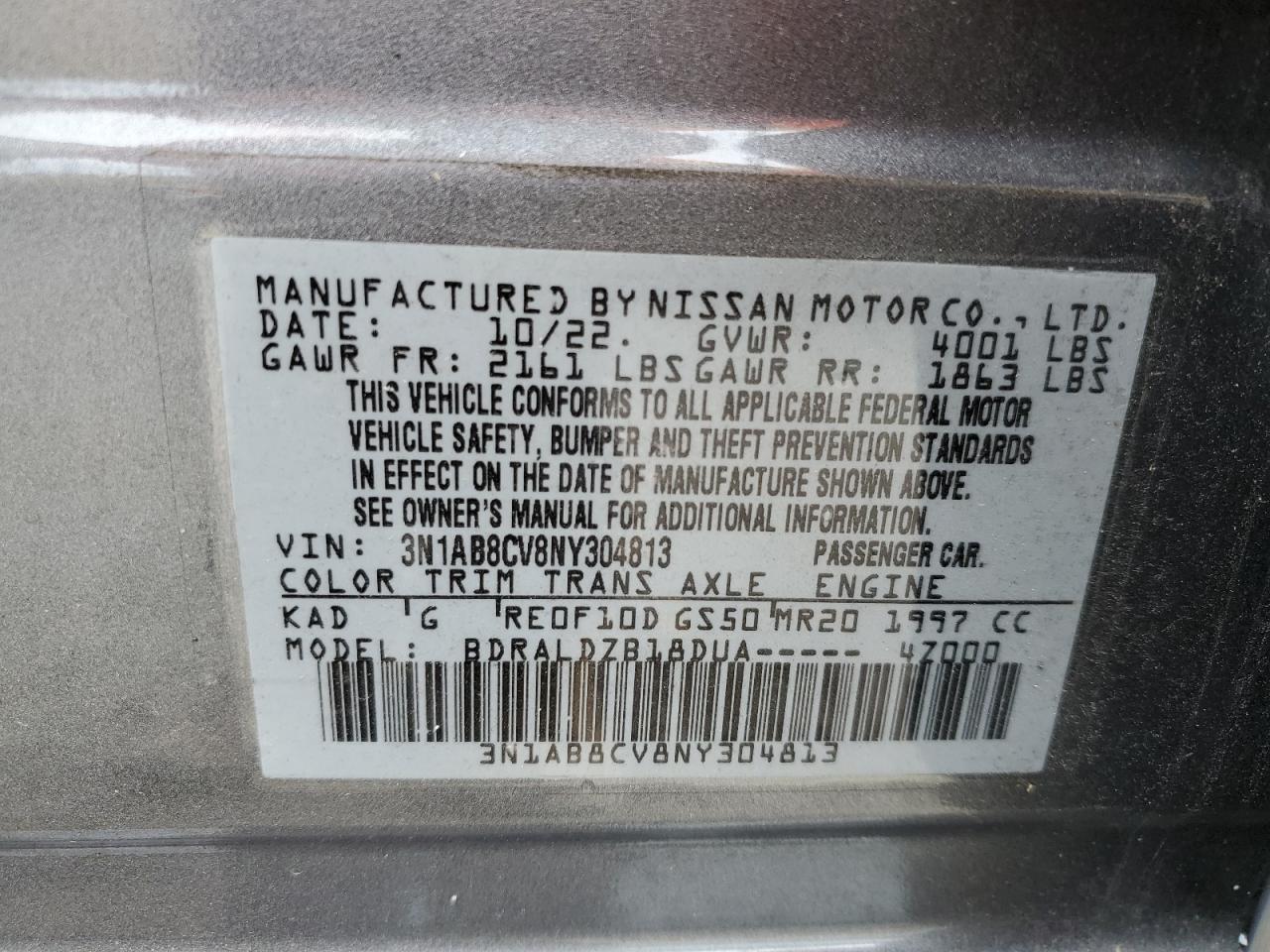 2022 Nissan Sentra Sv VIN: 3N1AB8CV8NY304813 Lot: 82088425