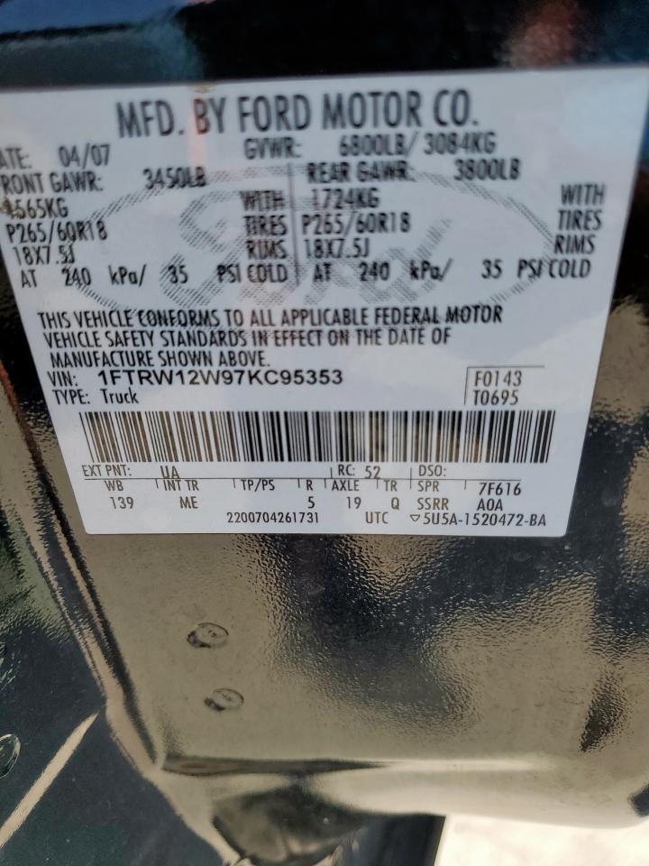 2007 Ford F150 Supercrew VIN: 1FTRW12W97KC95353 Lot: 72092755