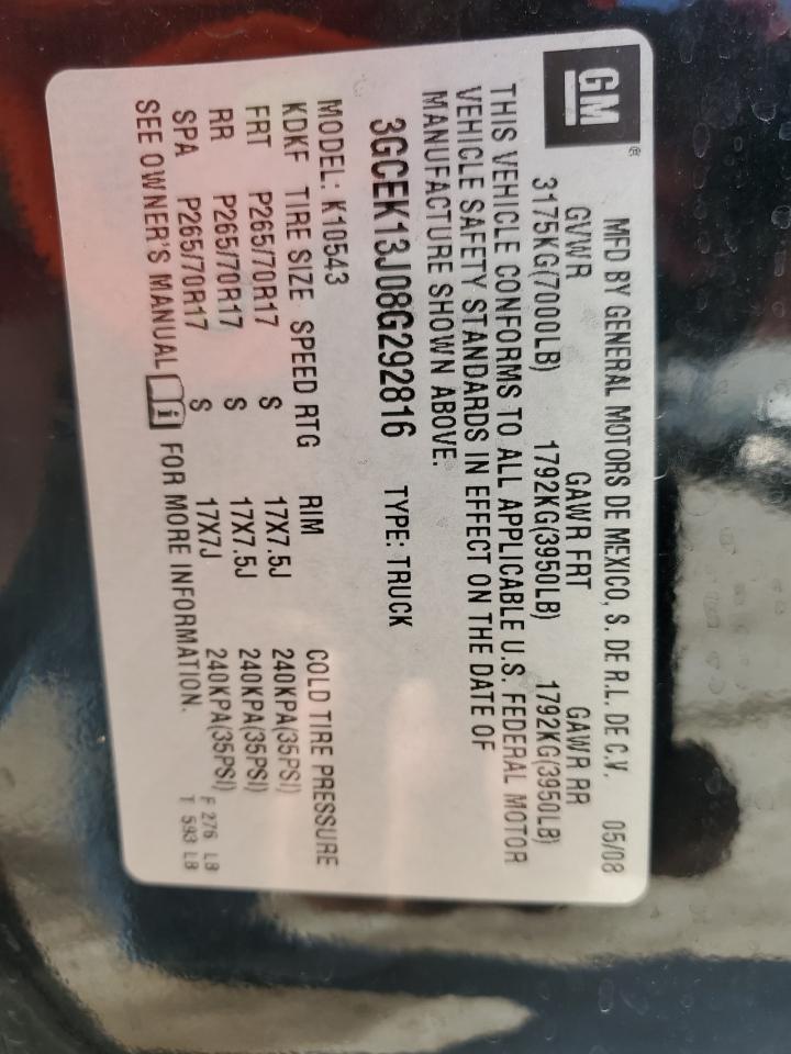 2008 Chevrolet Silverado K1500 VIN: 3GCEK13J08G292816 Lot: 80074655