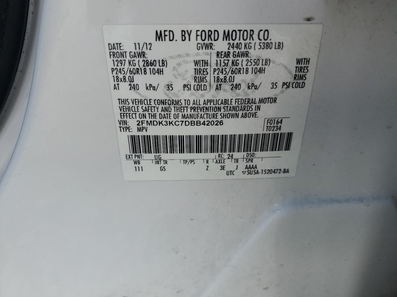 2013 Ford Edge Limited VIN: 2FMDK3KC7DBB42026 Lot: 71404075