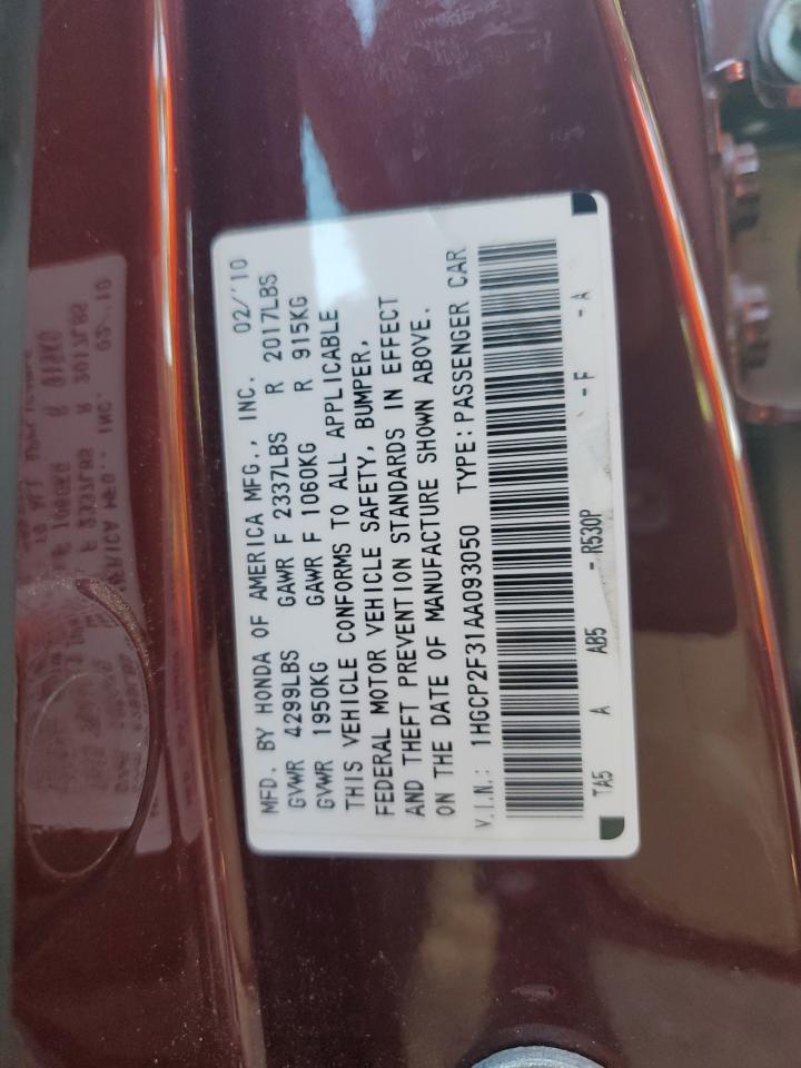 2010 Honda Accord Lx VIN: 1HGCP2F31AA093050 Lot: 84463435