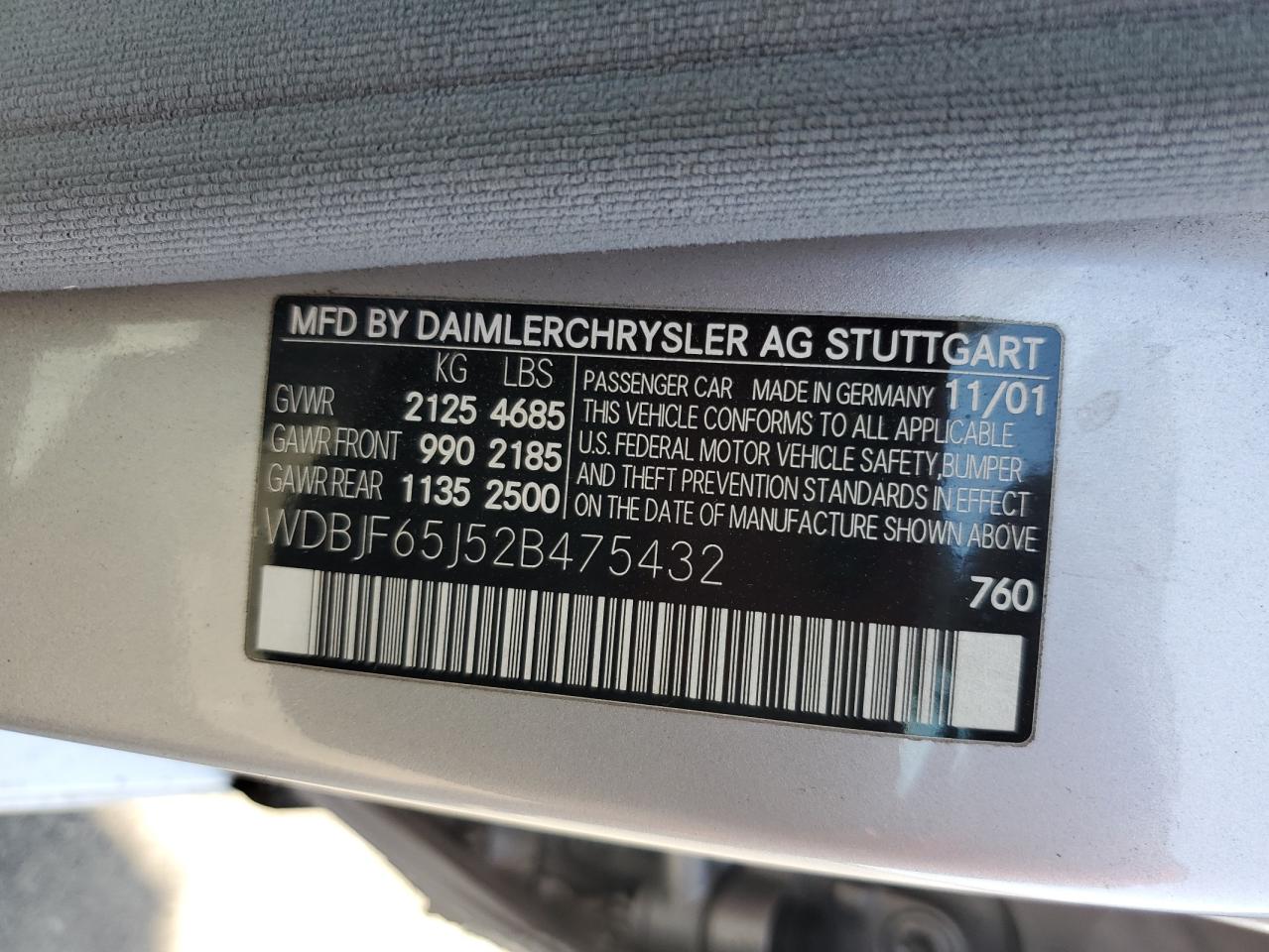 2002 Mercedes-Benz E 320 VIN: WDBJF65J52B475432 Lot: 71733105