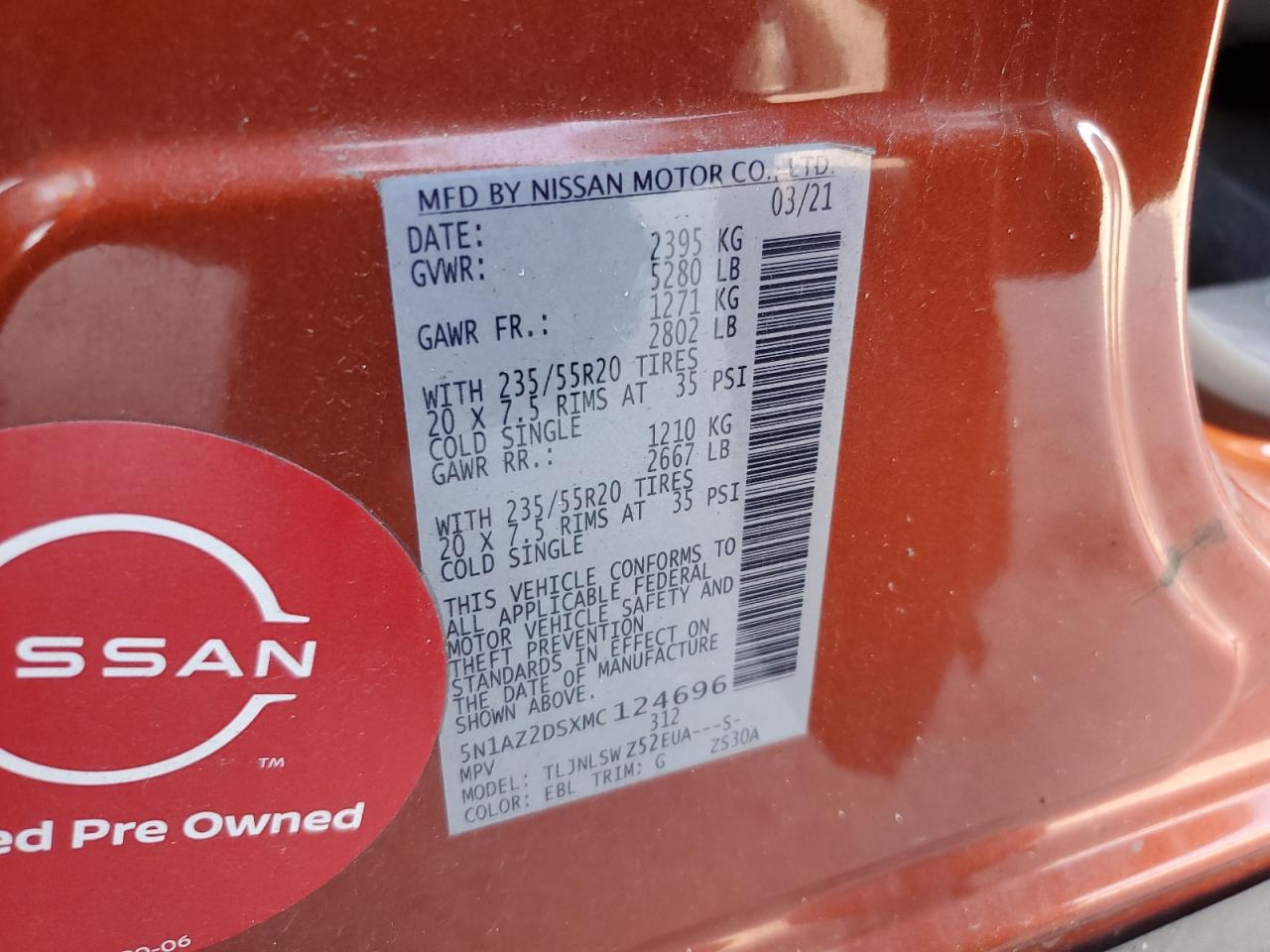 2021 Nissan Murano Platinum VIN: 5N1AZ2DSXMC124696 Lot: 80301285