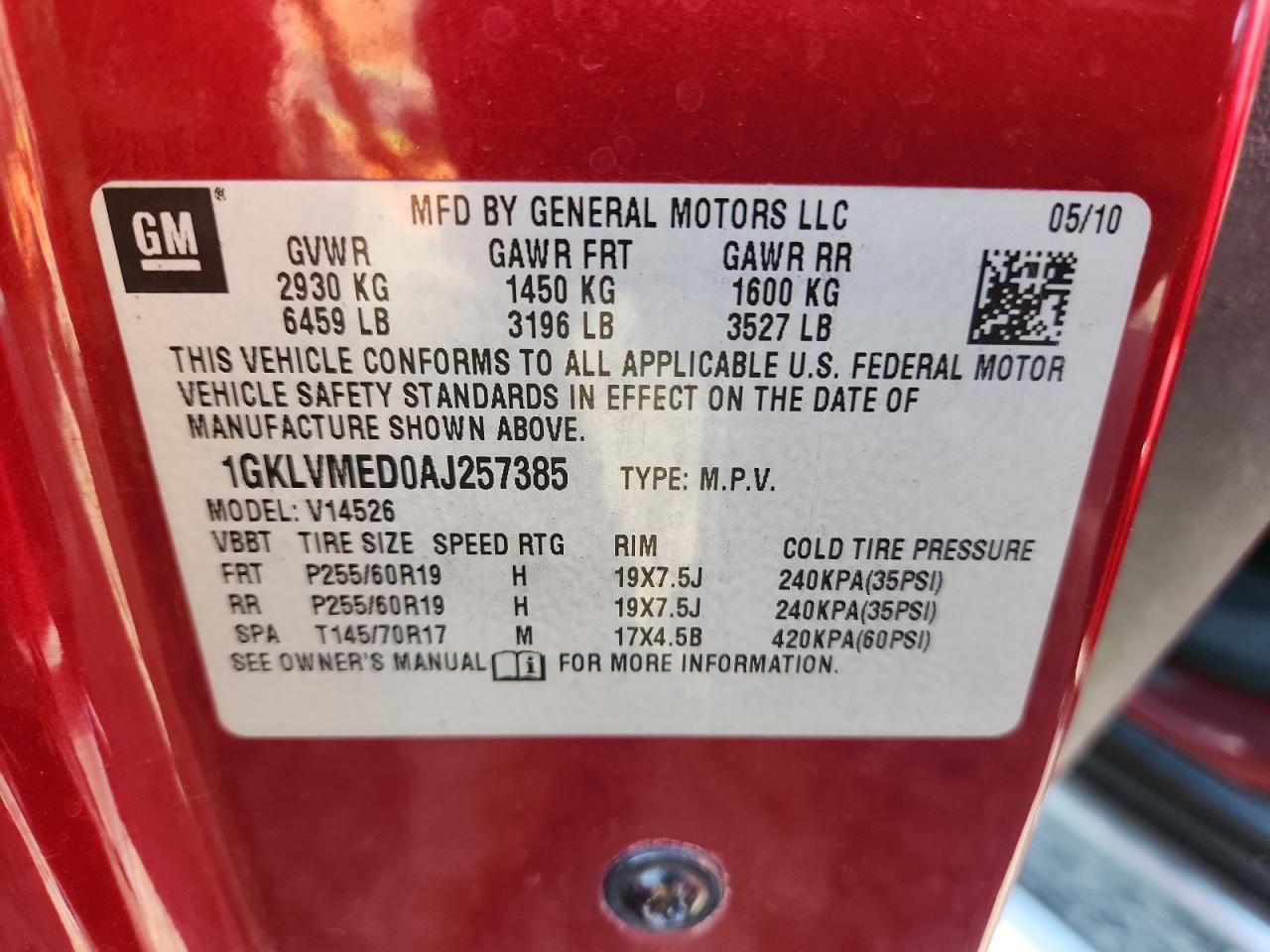 2010 GMC Acadia Slt-1 VIN: 1GKLVMED0AJ257385 Lot: 80305705
