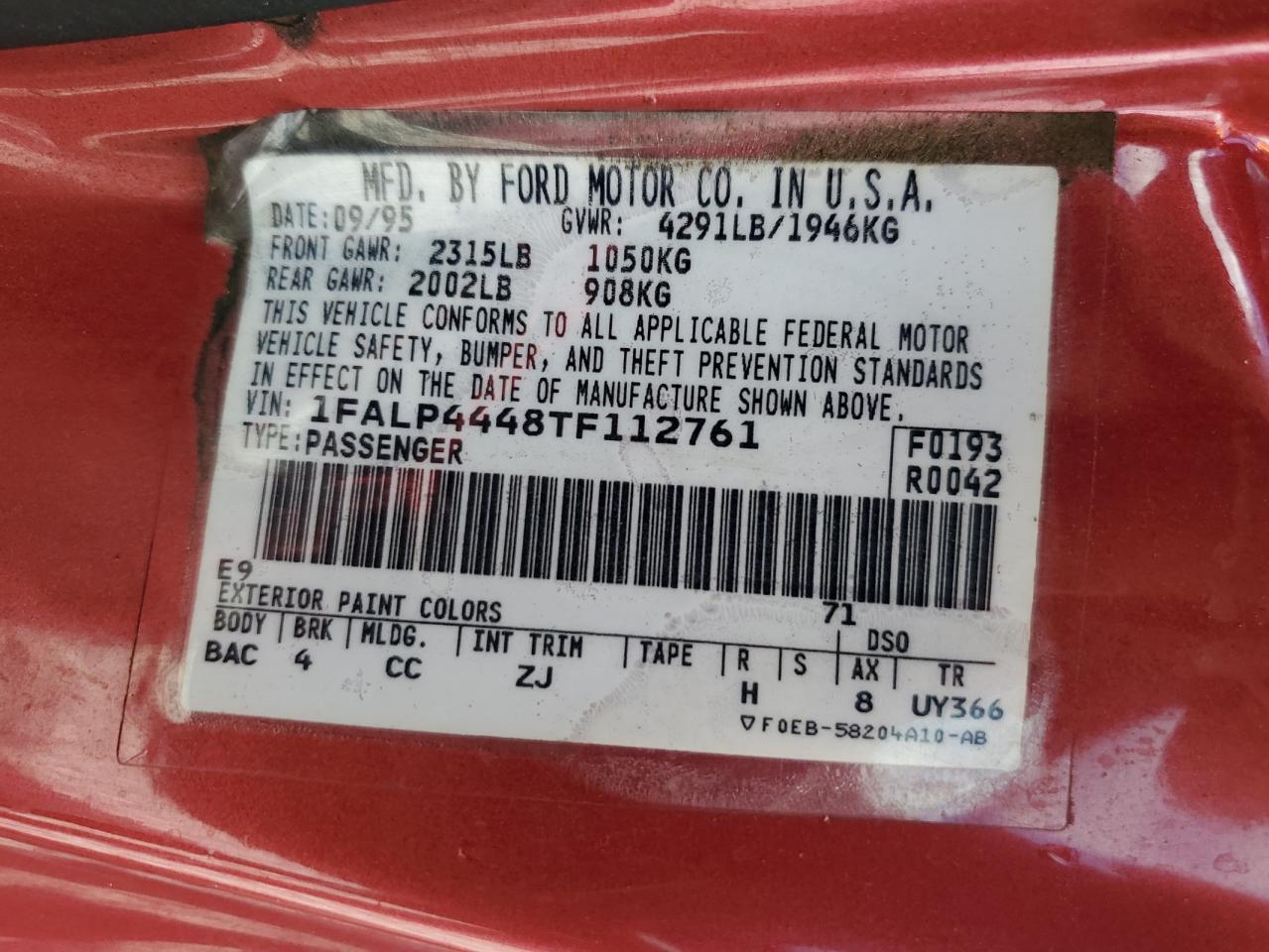 1996 Ford Mustang VIN: 1FALP4448TF112761 Lot: 84621515