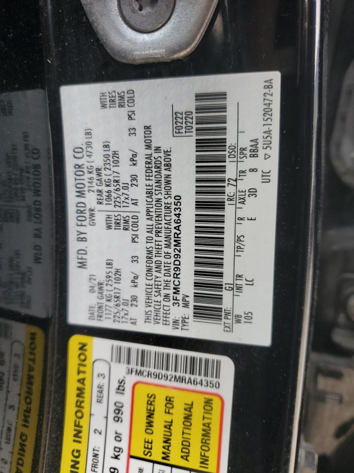 2021 Ford Bronco Sport Badlands VIN: 3FMCR9D92MRA64350 Lot: 80577925