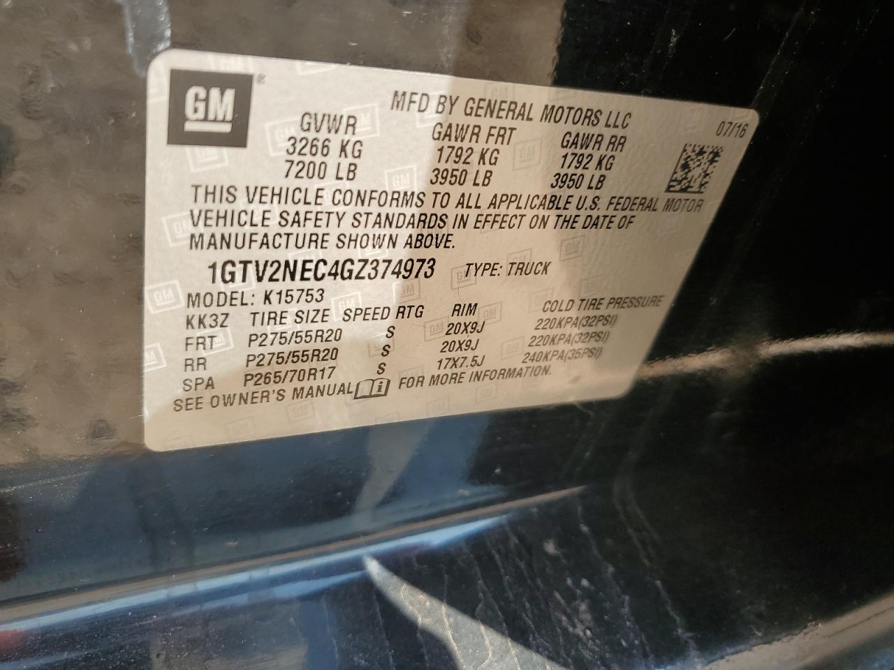 2016 GMC Sierra K1500 Slt VIN: 1GTV2NEC4GZ374973 Lot: 71717345