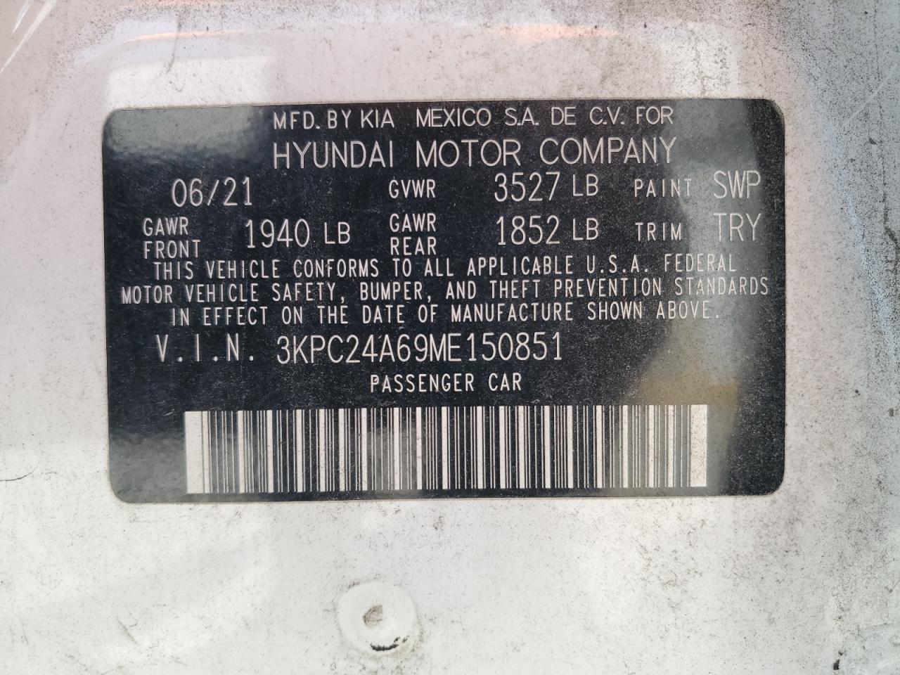 2021 Hyundai Accent Se VIN: 3KPC24A69ME150851 Lot: 72003235
