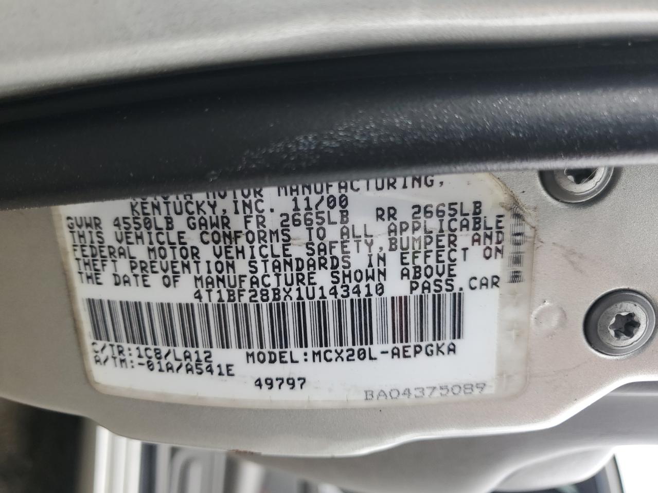 2001 Toyota Avalon Xl VIN: 4T1BF28BX1U143410 Lot: 80131645