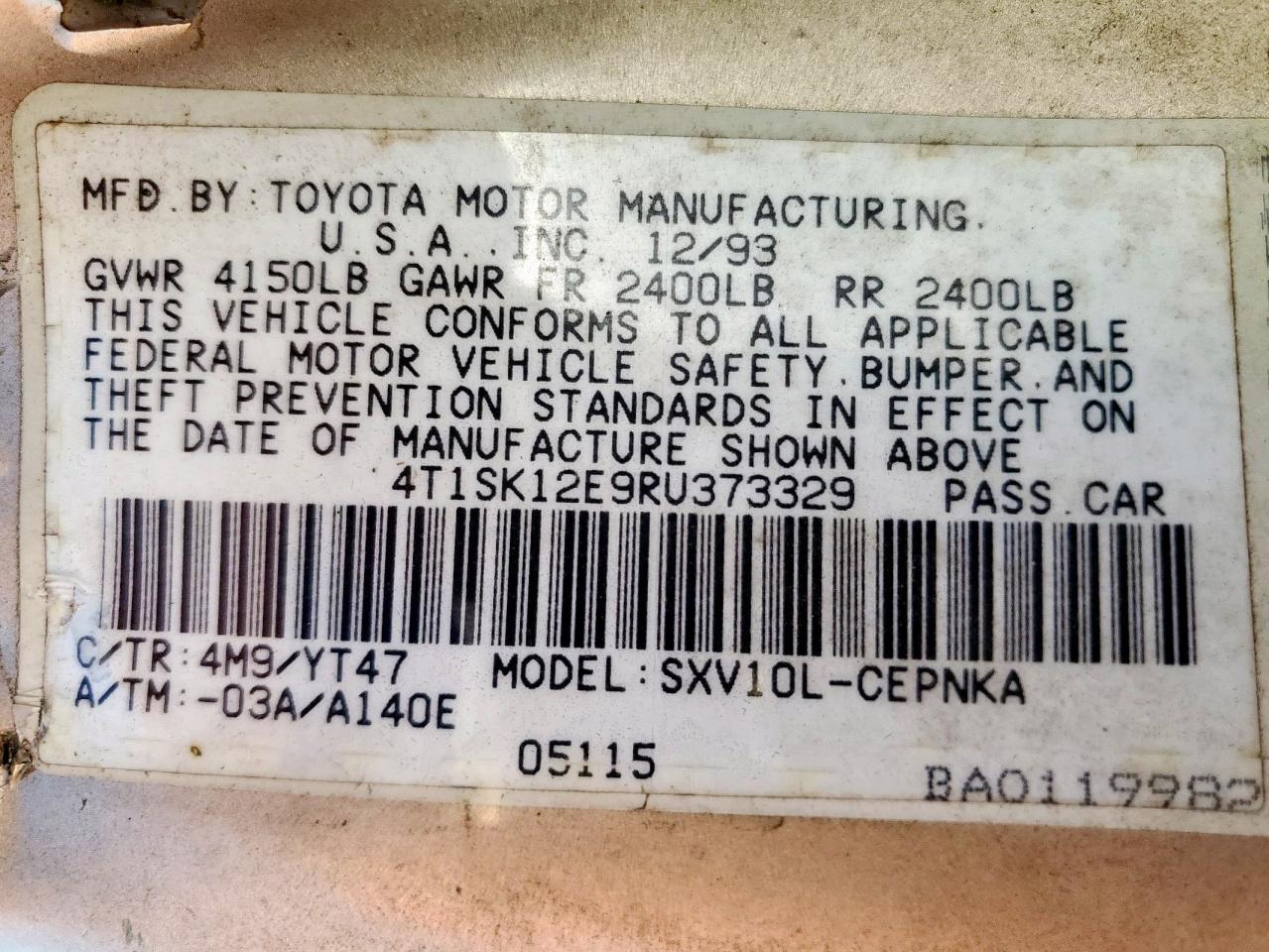 1994 Toyota Camry Le VIN: 4T1SK12E9RU373329 Lot: 71214485